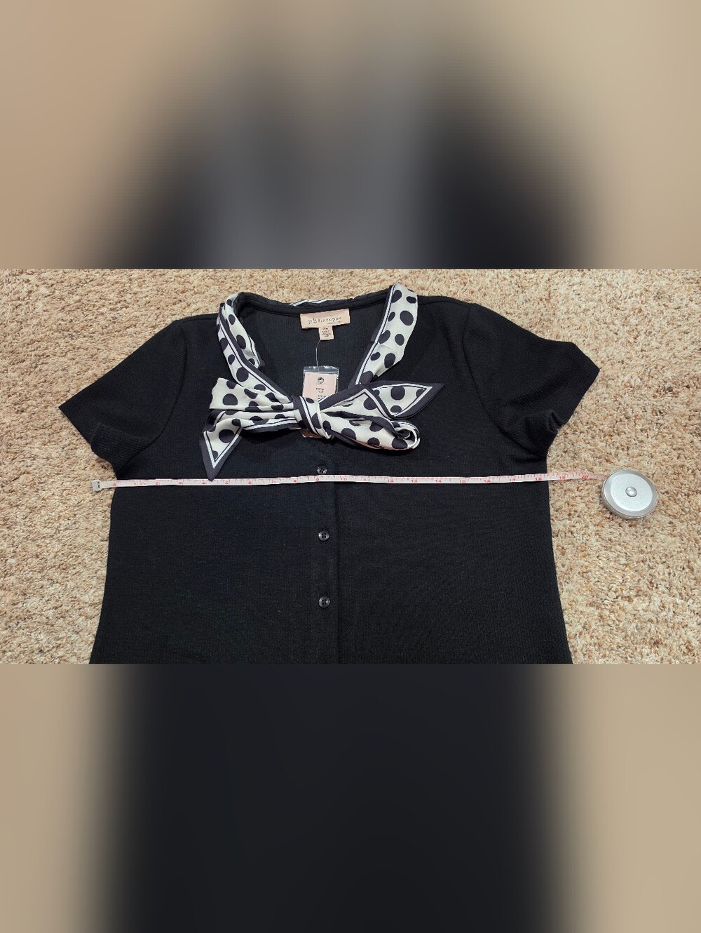 Philosophy Black Button Front Top with Polka Dot Neck Scarf Med New - Picture 11 of 11